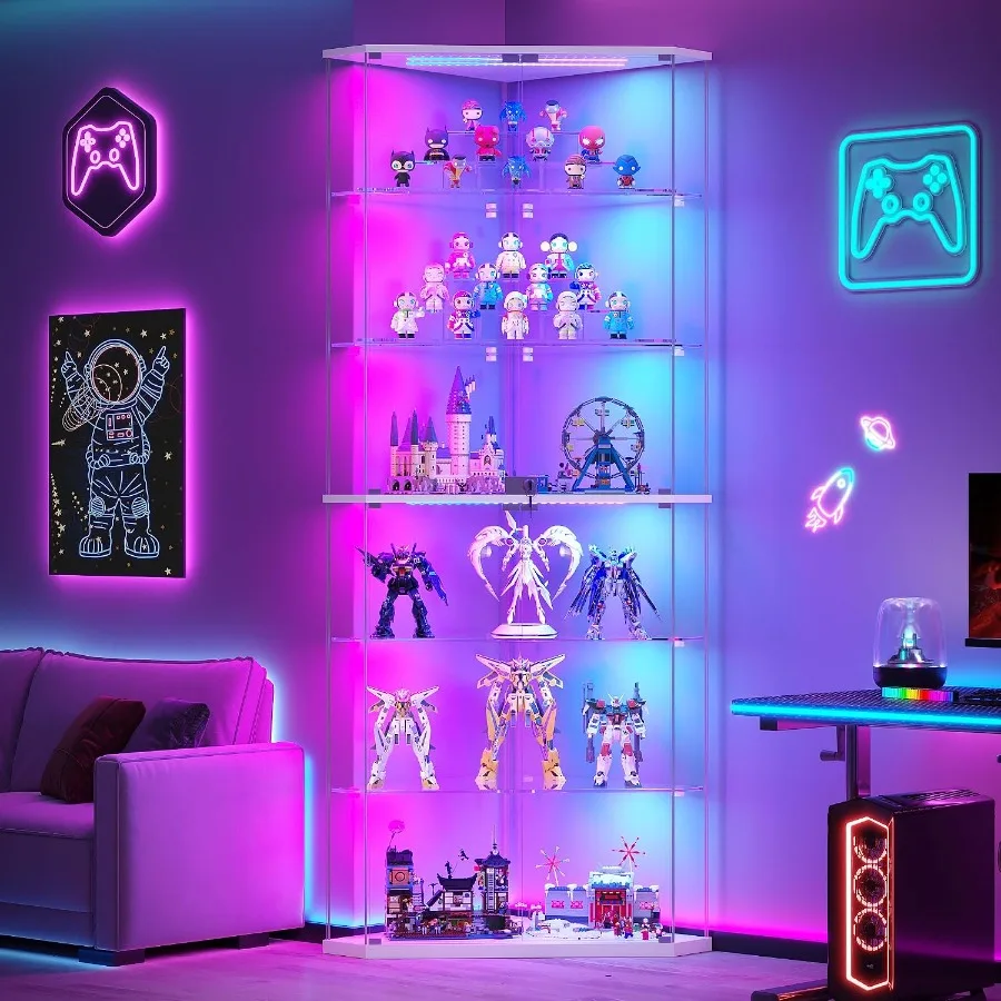 Glass Cabinet Display - 6-Tier Corner RGB LED Glass Display